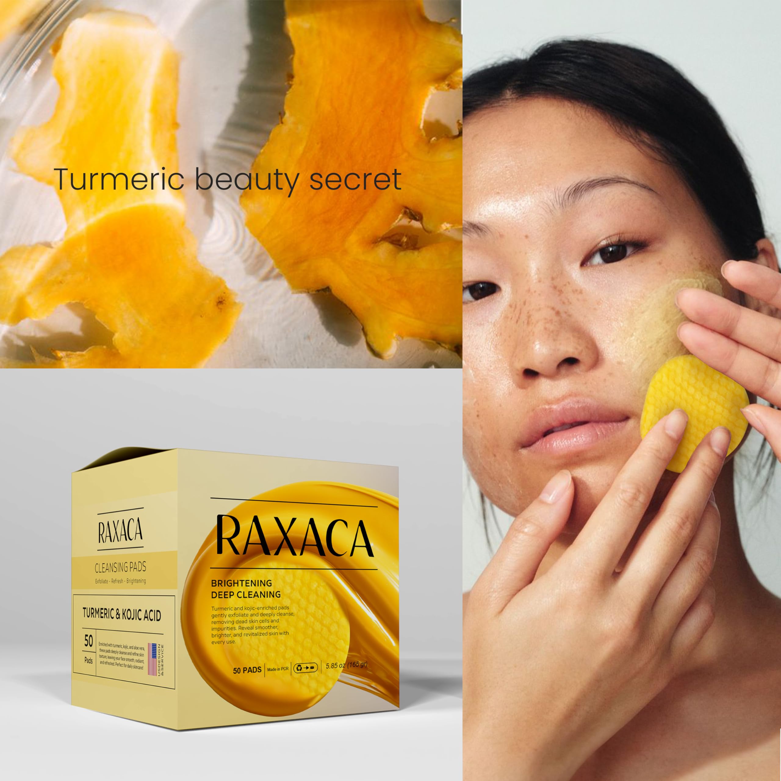 RAXACA Vitamin C enriched cotton pads illustrating radiant, smooth skin care.