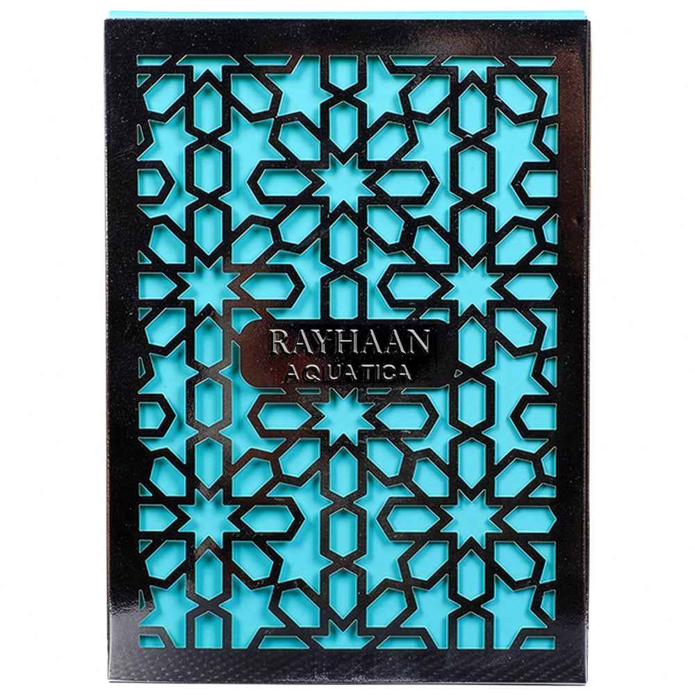 Rayhaan Aquatica base notes patchouli and musk, lasting signature finish.