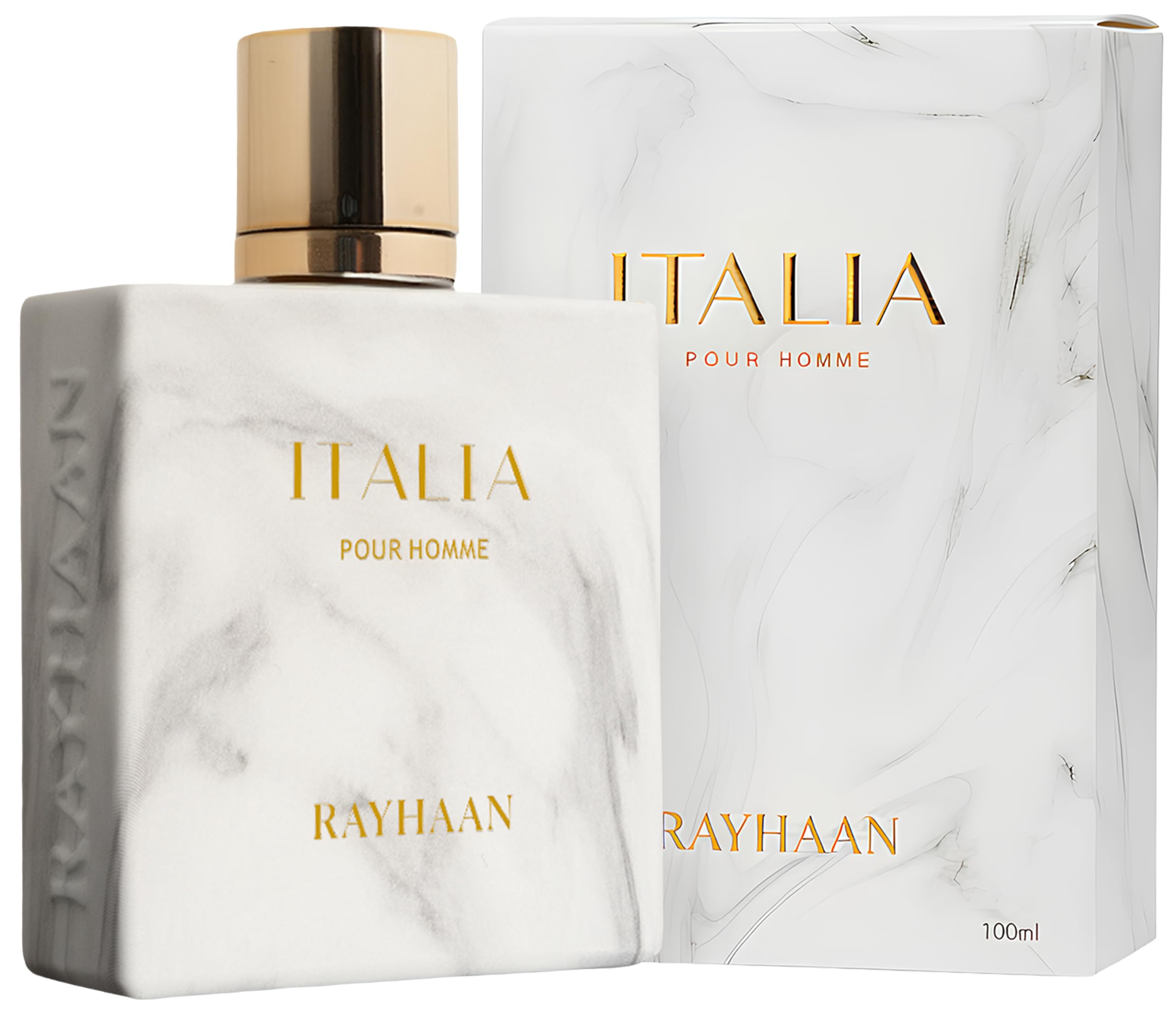 Rayhaan Italia bottle close-up highlighting warm notes and sleek design