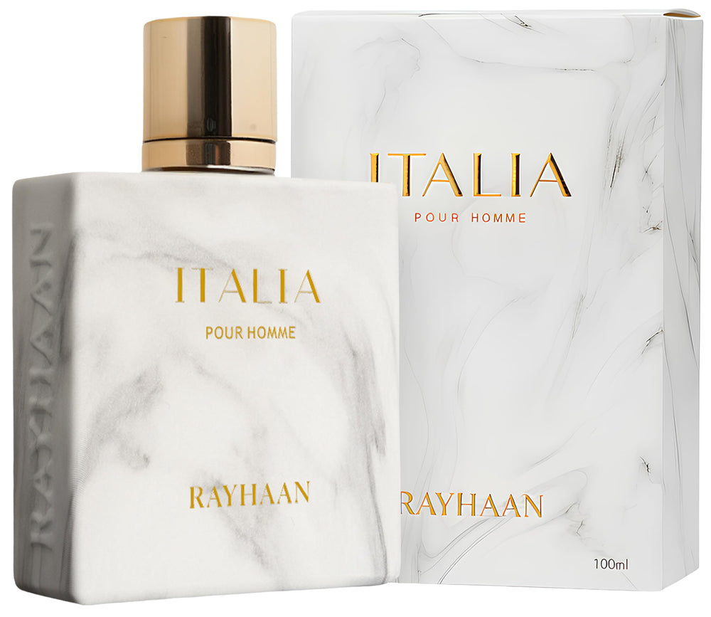 Rayhaan Italia bottle close-up highlighting warm notes and sleek design
