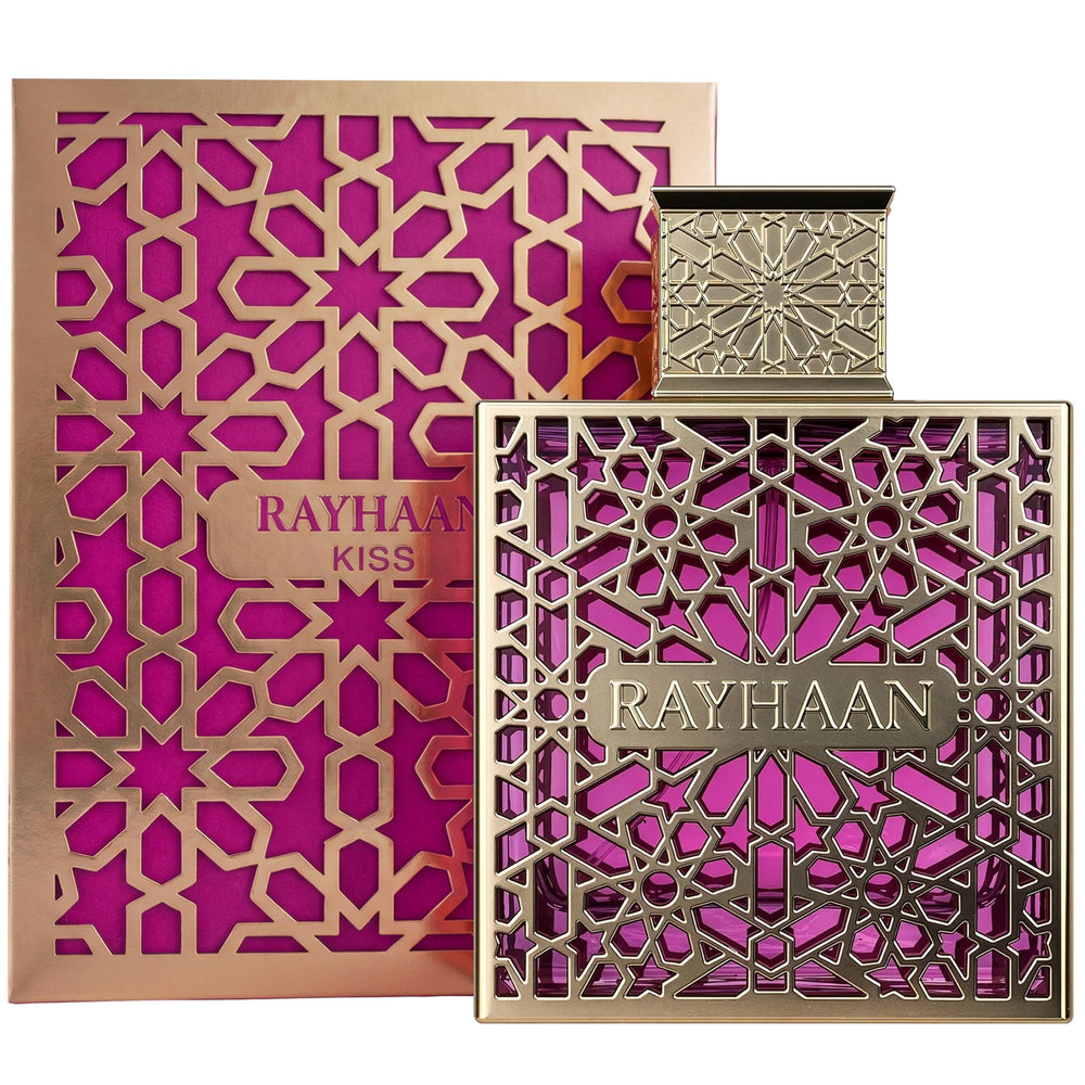 Rayhaan Kiss close-up reveals creamy heart notes with caramel and orange blossom for a sweet, inviting feel.