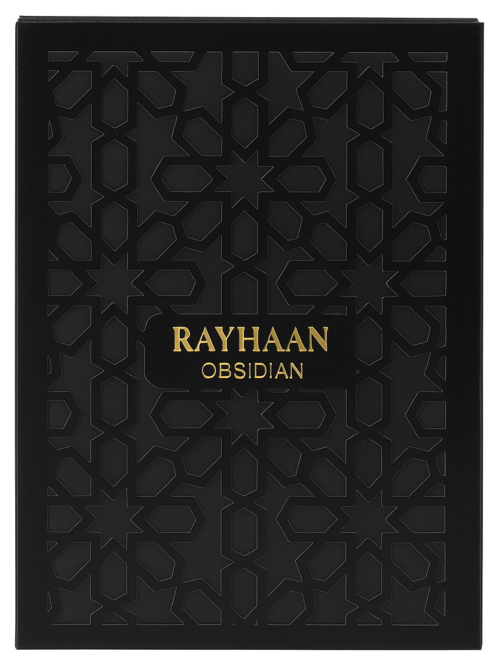 Rayhaan Obsidian bottle angled to emphasize cedar, sandalwood, oud for a warm, lasting impression.