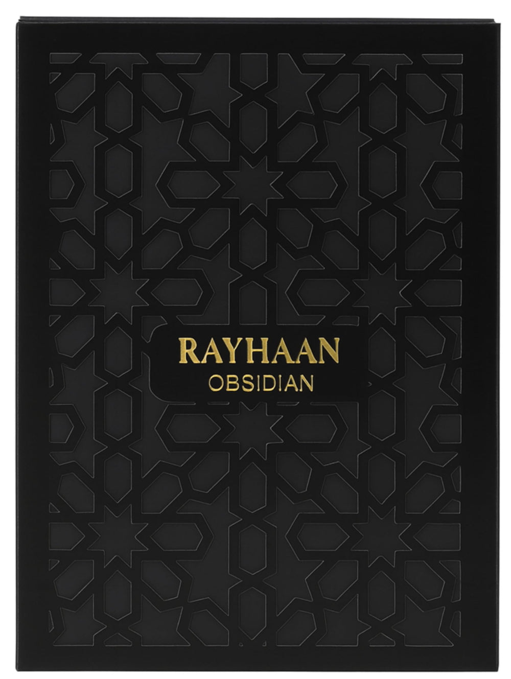 Rayhaan Obsidian bottle angled to emphasize cedar, sandalwood, oud for a warm, lasting impression.
