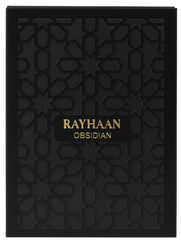 Rayhaan Obsidian bottle angled to emphasize cedar, sandalwood, oud for a warm, lasting impression.