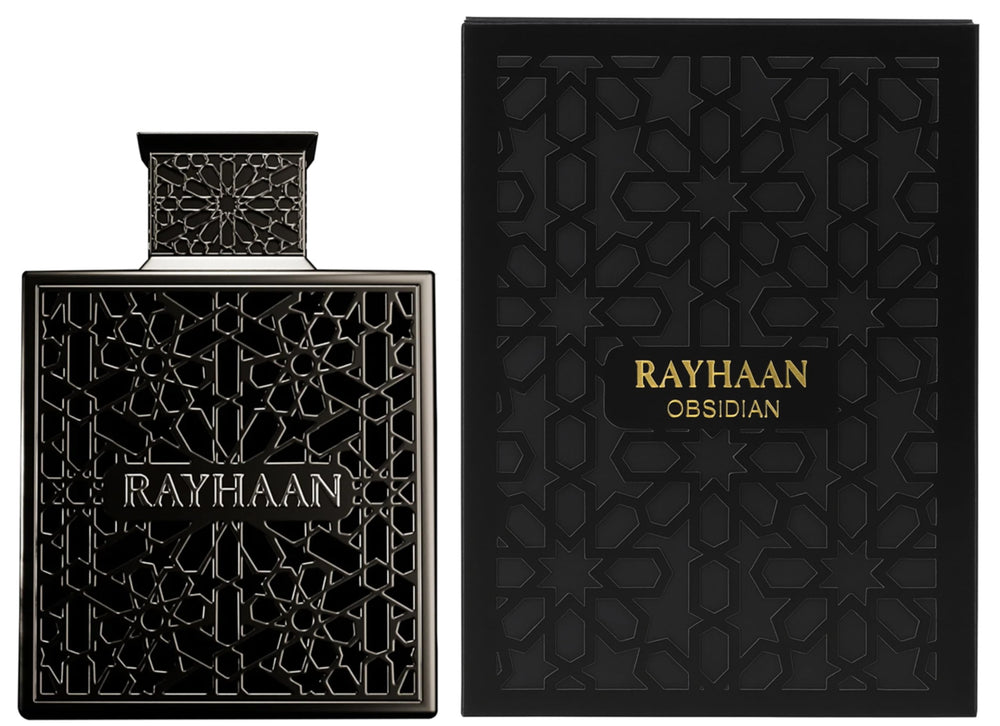 Rayhaan Obsidian close-up highlighting sueded leather and floral notes for refined daily wear.