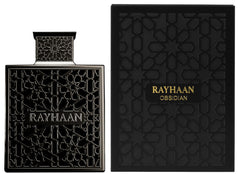 Rayhaan Obsidian close-up highlighting sueded leather and floral notes for refined daily wear.