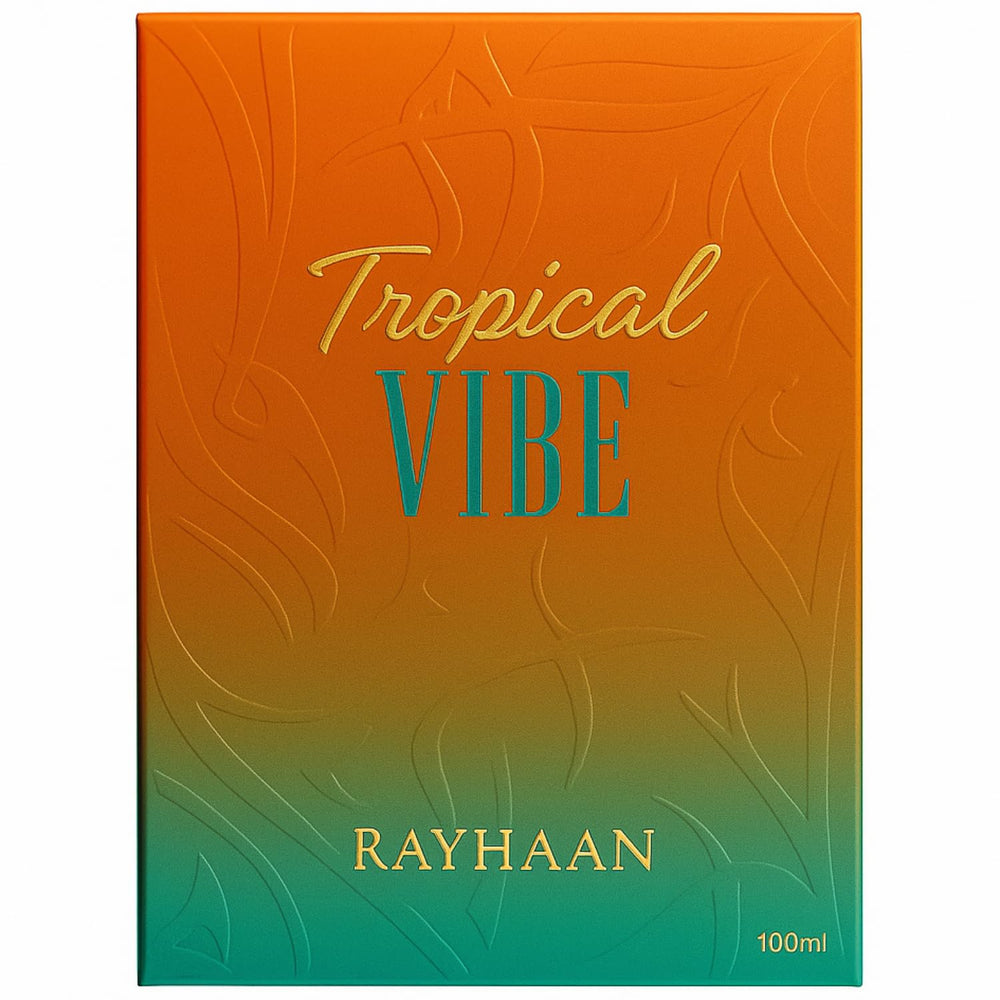 Rayhaan Tropical Vibe bottle side view highlights sleek design for confident occasions.