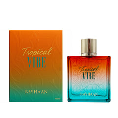 Rayhaan Tropical Vibe packaging box emphasizing cruelty-free branding and island-inspired scent.