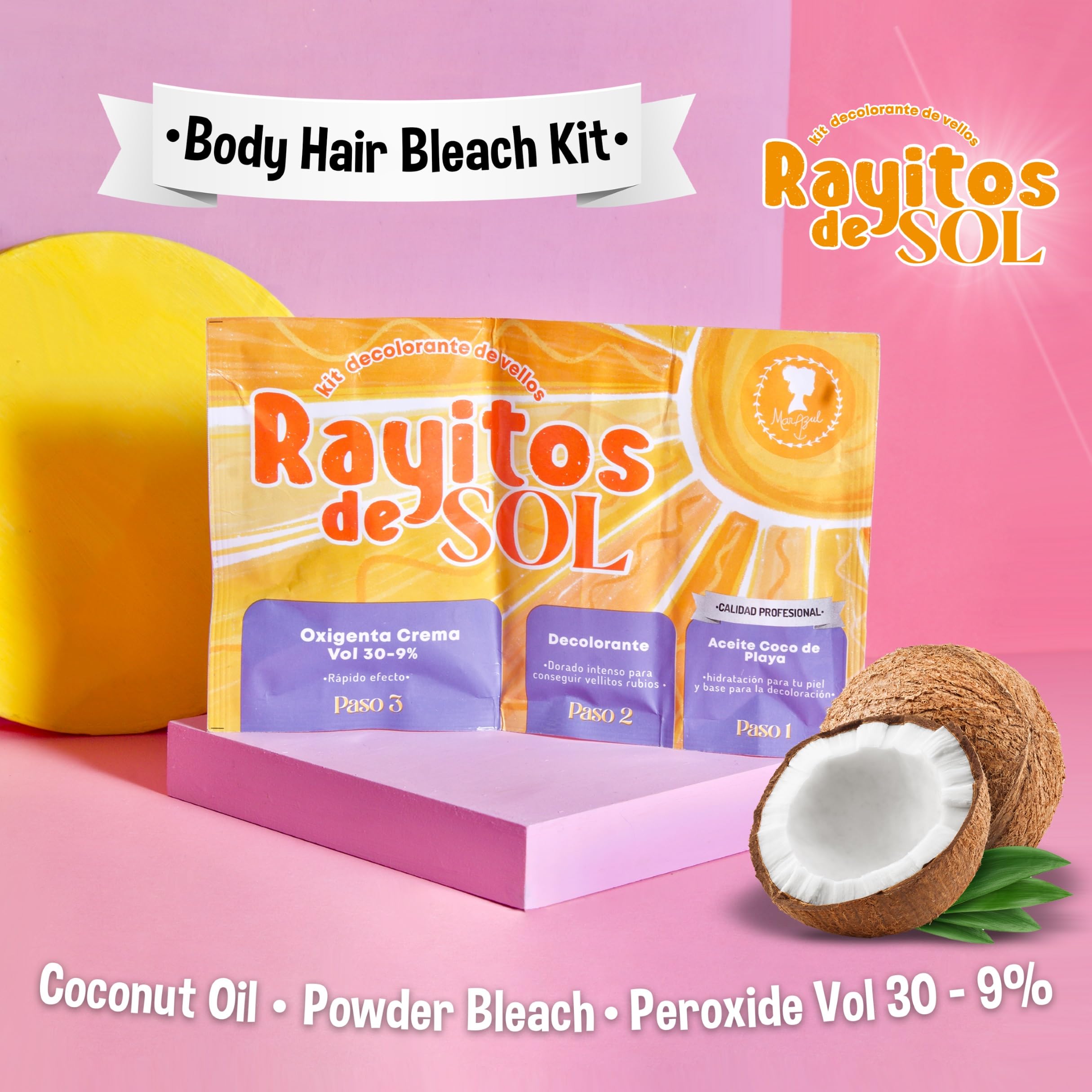 Rayitos de Sol peroxide 30-vol 9% bottle for controlled whitening on skin-safe formula.