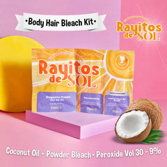Rayitos de Sol peroxide 30-vol 9% bottle for controlled whitening on skin-safe formula.