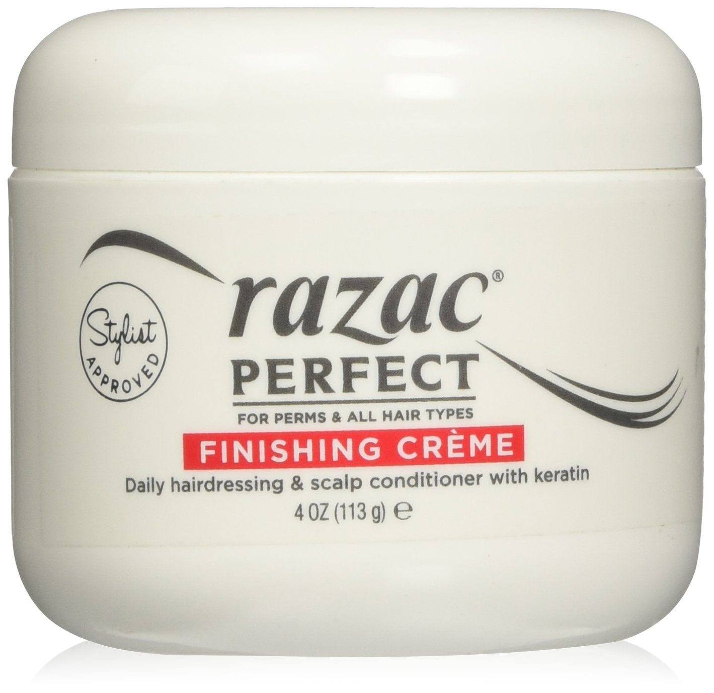 Razac crema de acabado para permanentes, botella de 4oz, suaviza rizos y aporta definición.