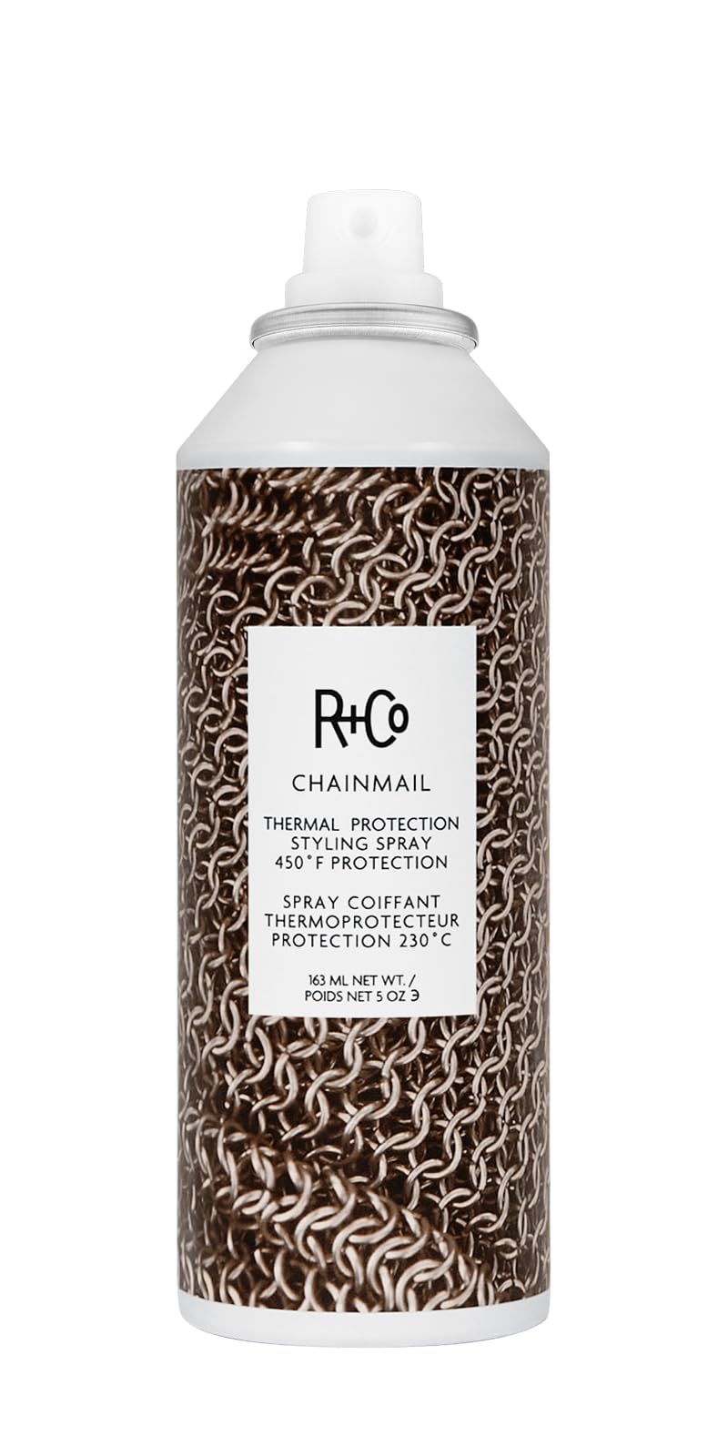 R+Co Chainmail bottle showing 450°F heat protection for smooth, resilient styling