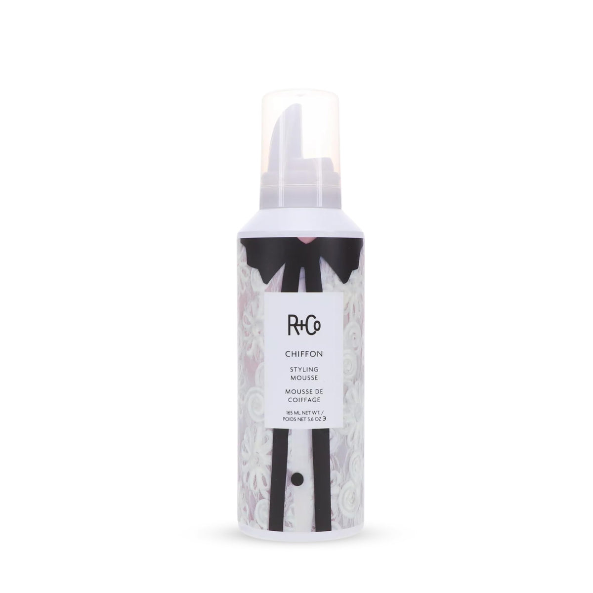 R+Co Chiffon Styling Mousse bottle closeup showing lightweight volume and shine