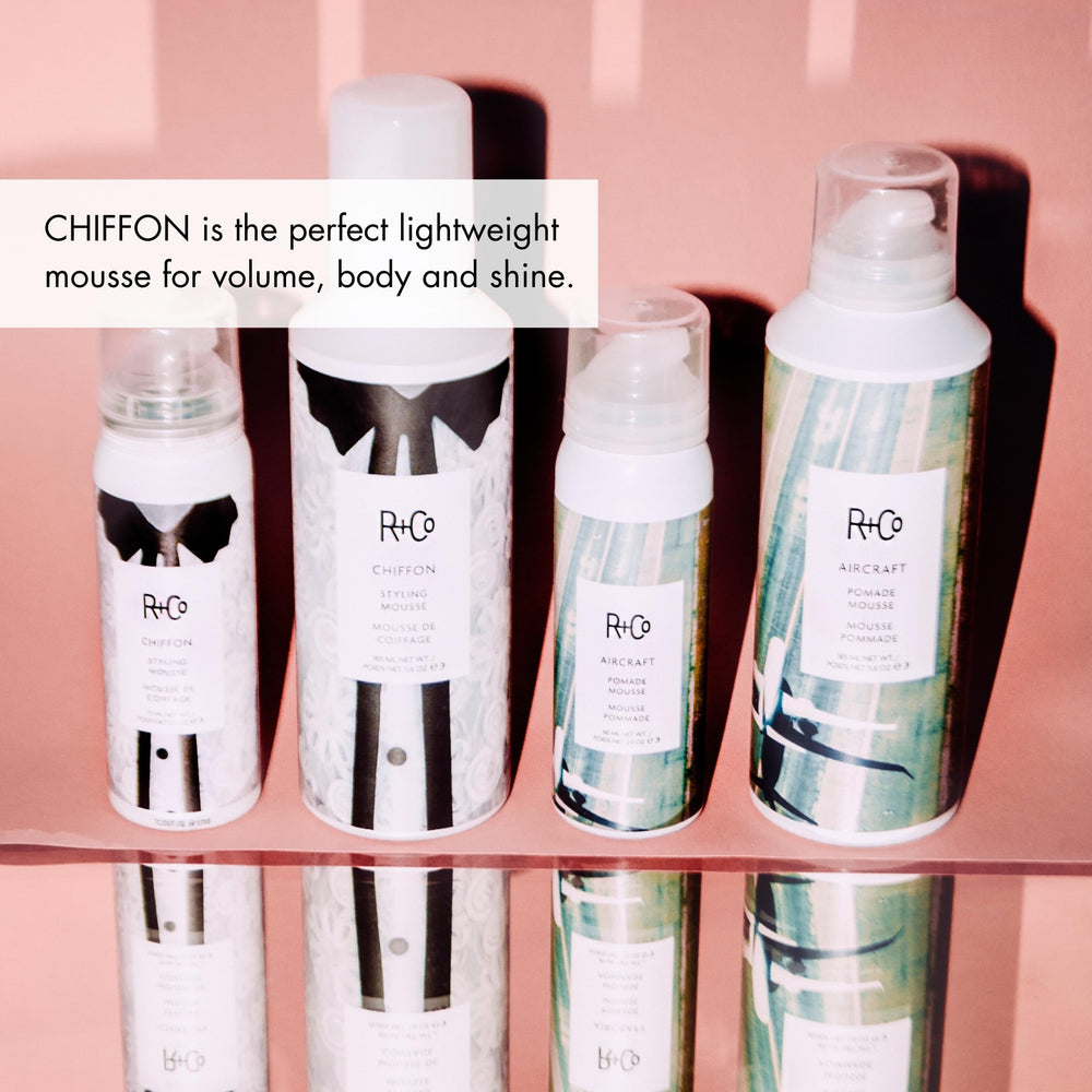 R+Co Chiffon Styling Mousse texture closeup highlighting airy foam