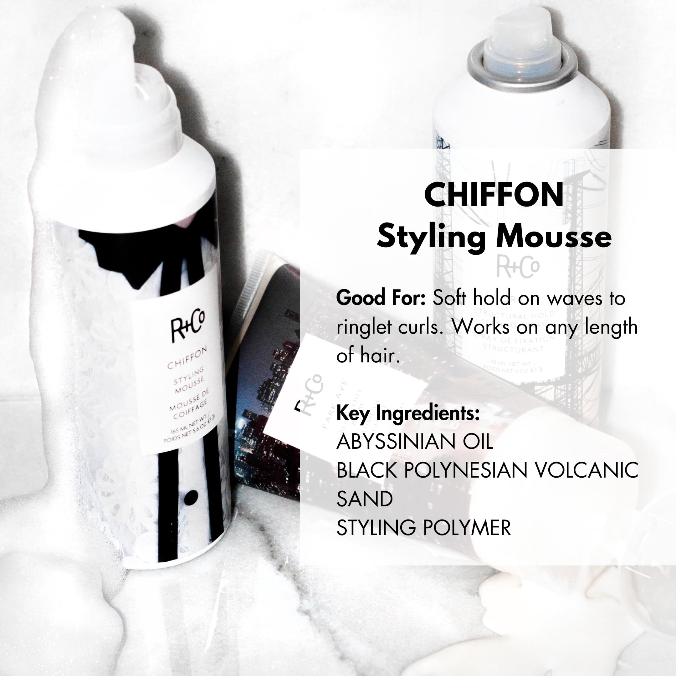 R+Co Chiffon Styling Mousse pump dispenser demonstrating easy, buildable hold