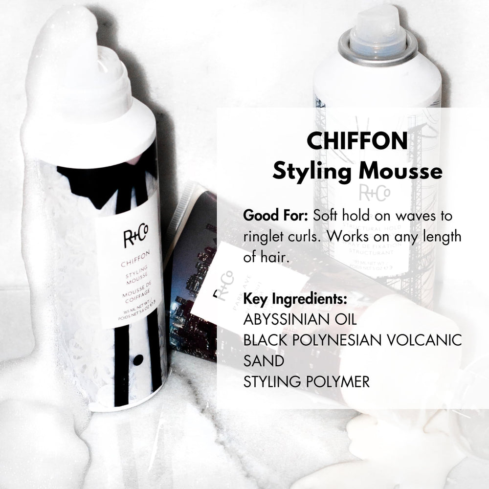R+Co Chiffon Styling Mousse pump dispenser demonstrating easy, buildable hold