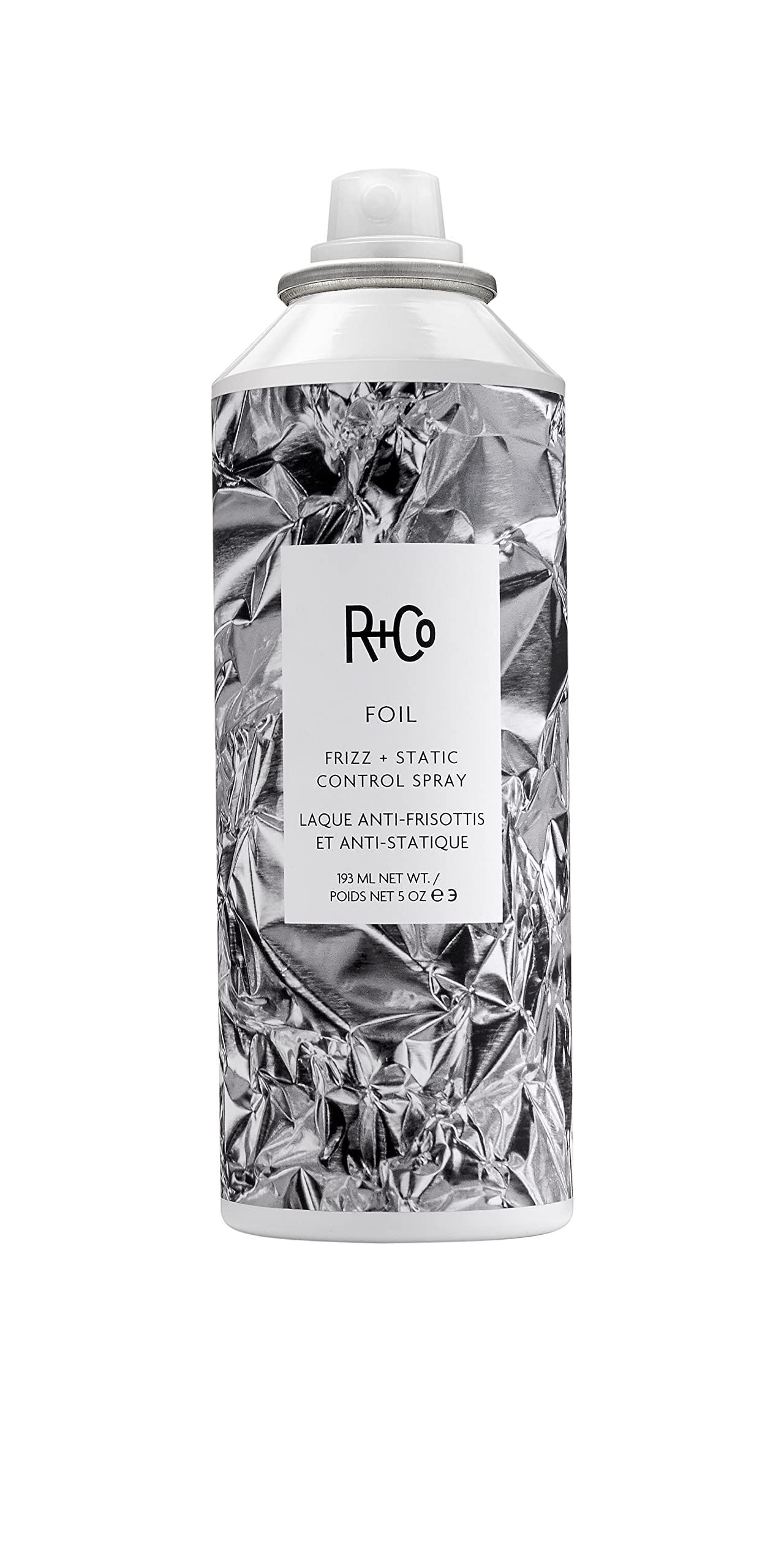 R+Co Foil Frizz + Static Control Spray bottle front view for smooth hair with shine.