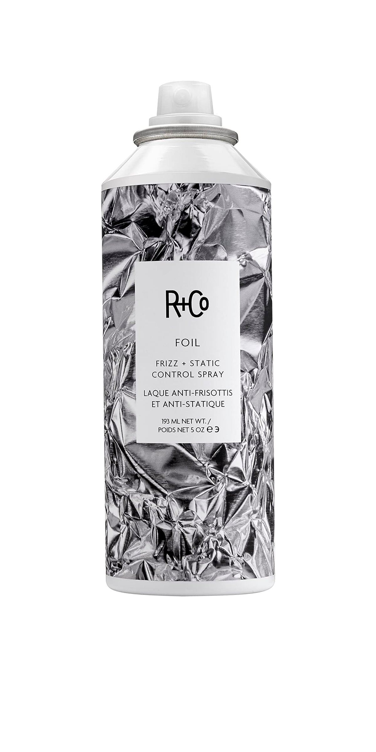 R+Co Foil Frizz + Static Control Spray bottle front view for smooth hair with shine.
