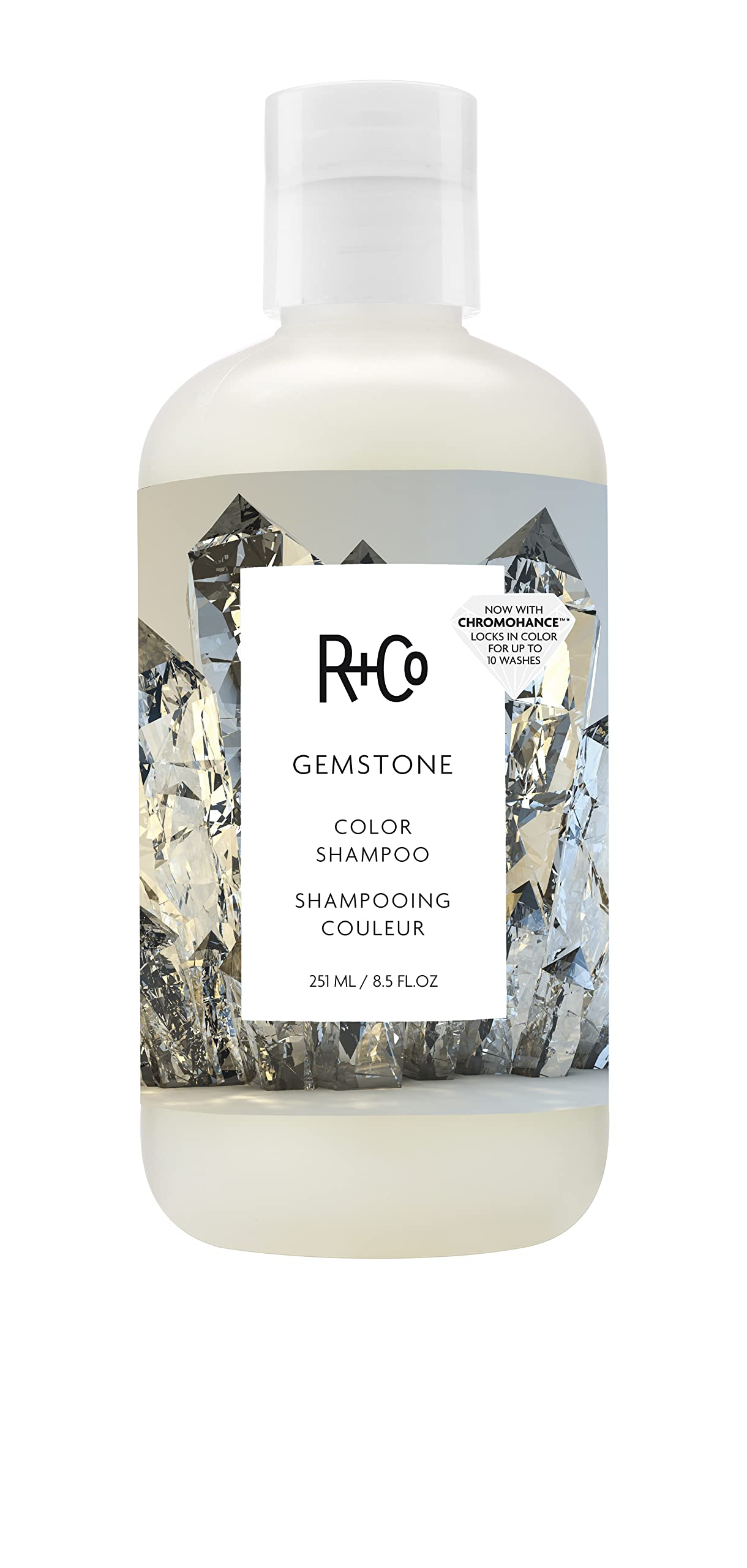 R+Co Gemstone Color Shampoo bottle showcases color protection and radiant shine.