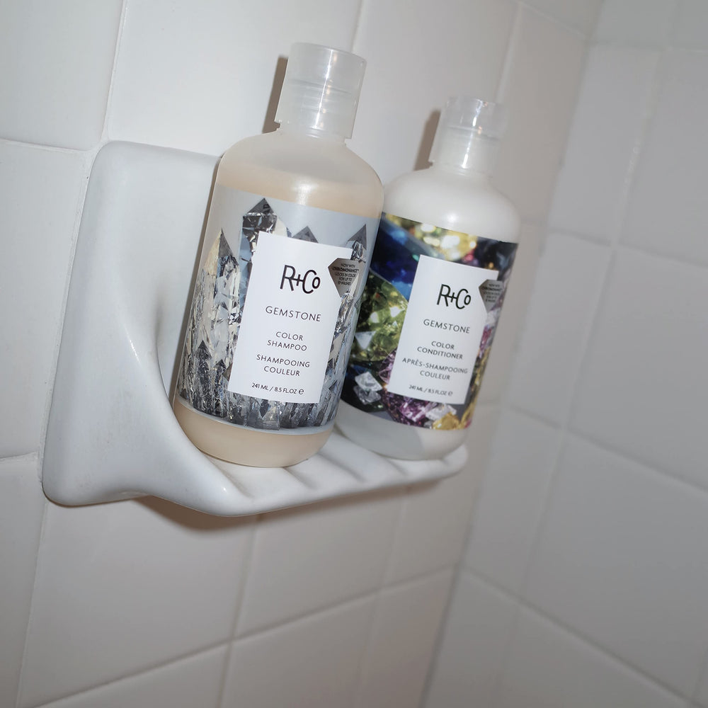 Healthy shine emerges when using Gemstone Color Shampoo with UV protection during rinse.