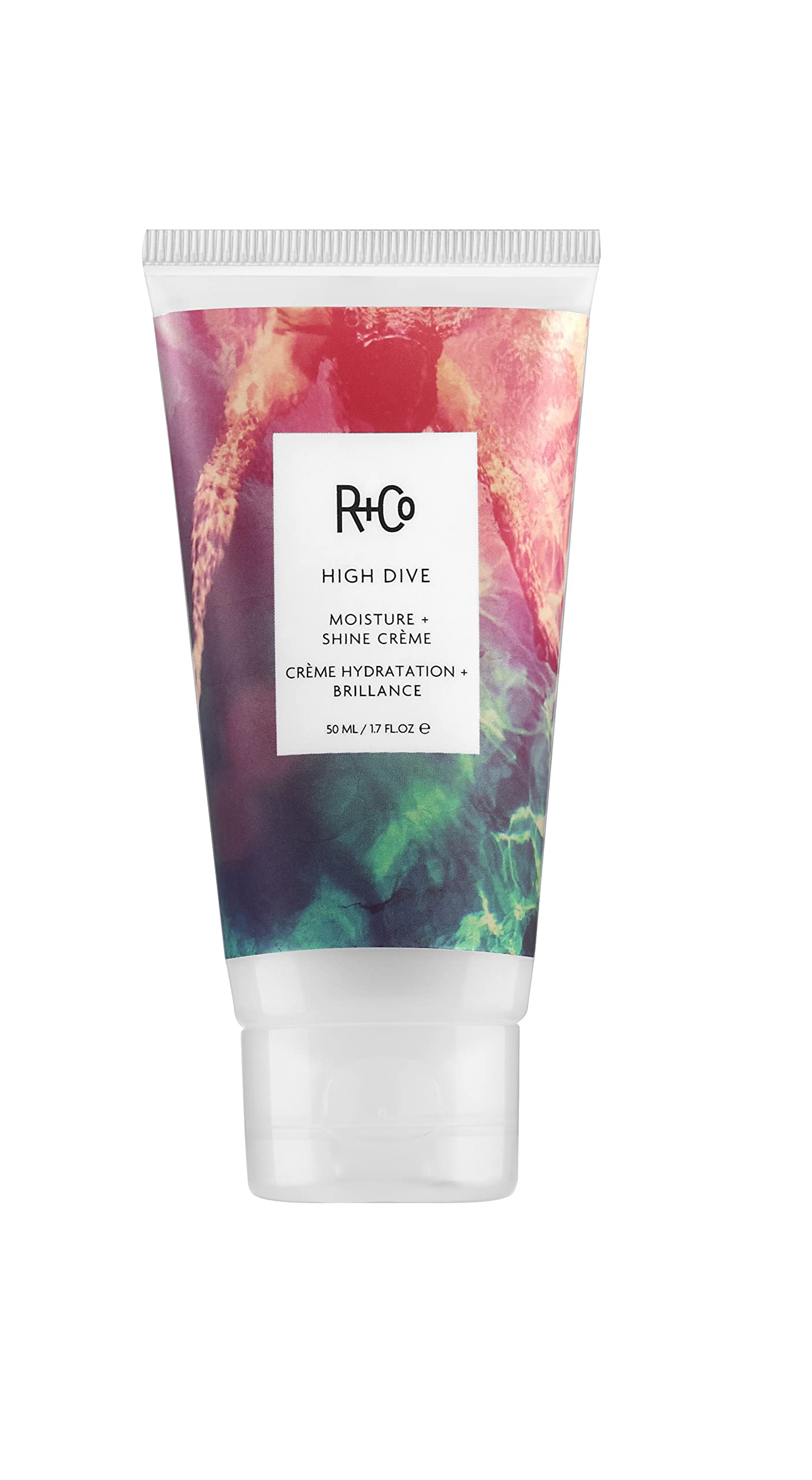 R+Co HIGH DIVE crema hidratante con textura cremosa para brillo.