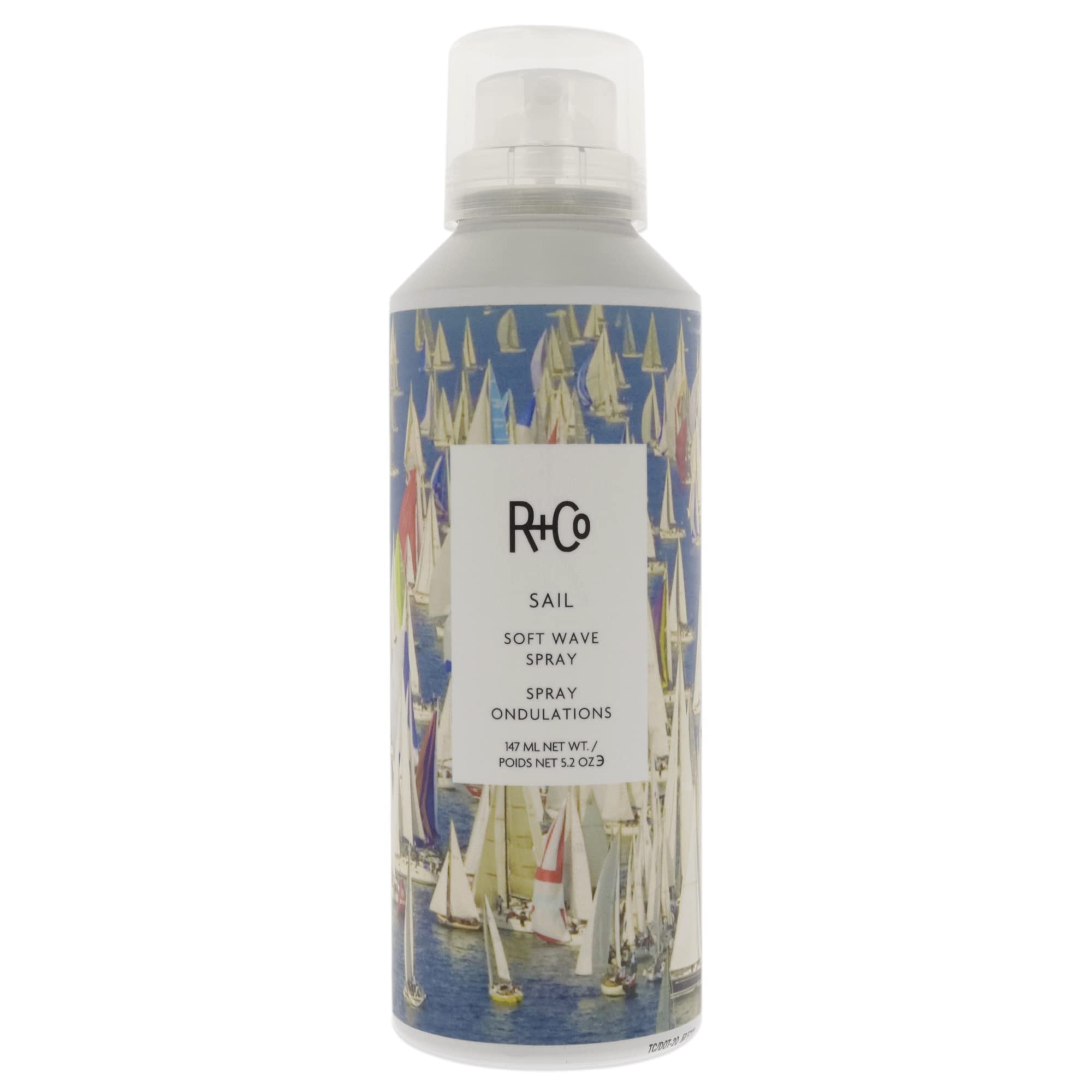 R+Co Sail Soft Wave Spray bottle highlighting lightweight formula for natural waves
