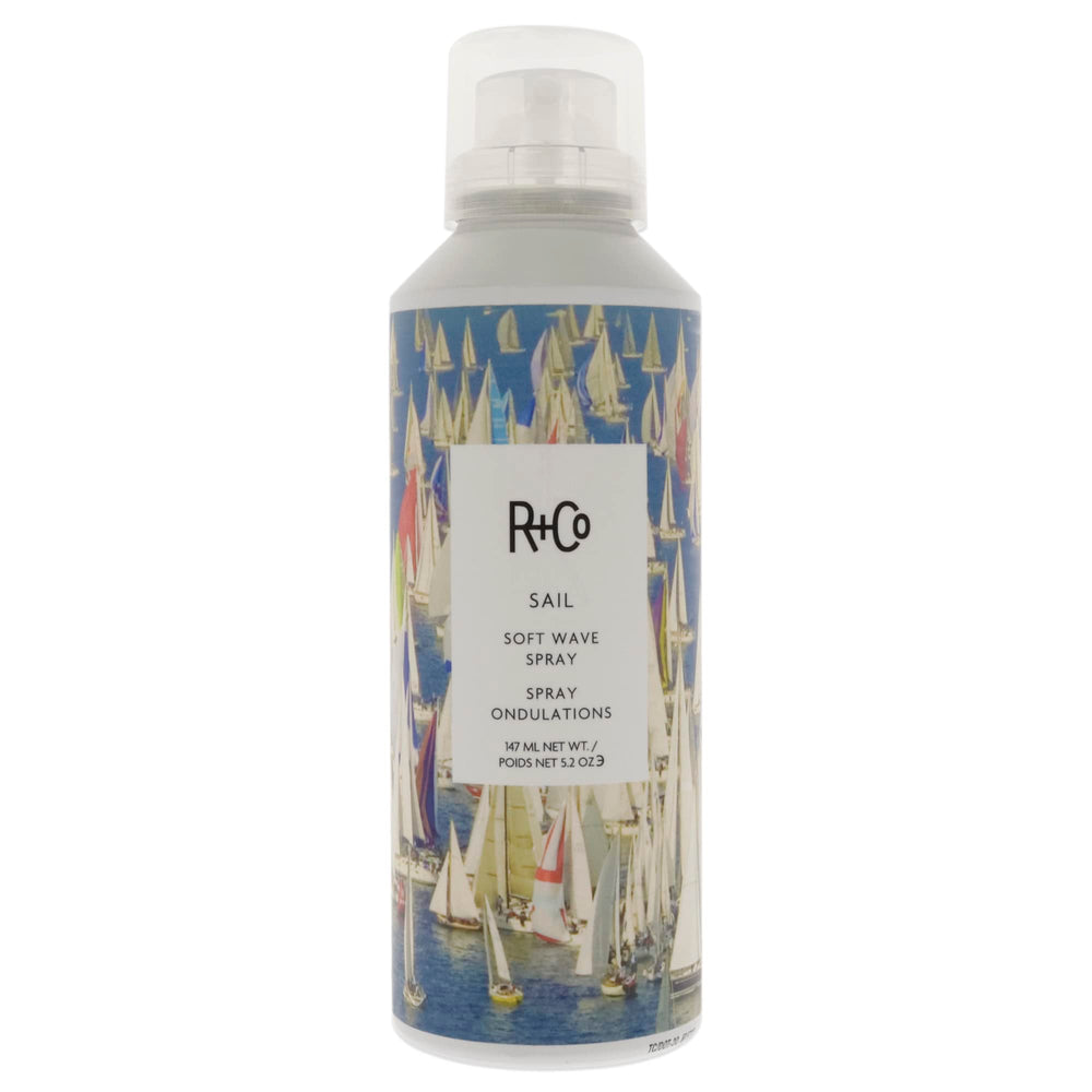 R+Co Sail Soft Wave Spray bottle highlighting lightweight formula for natural waves