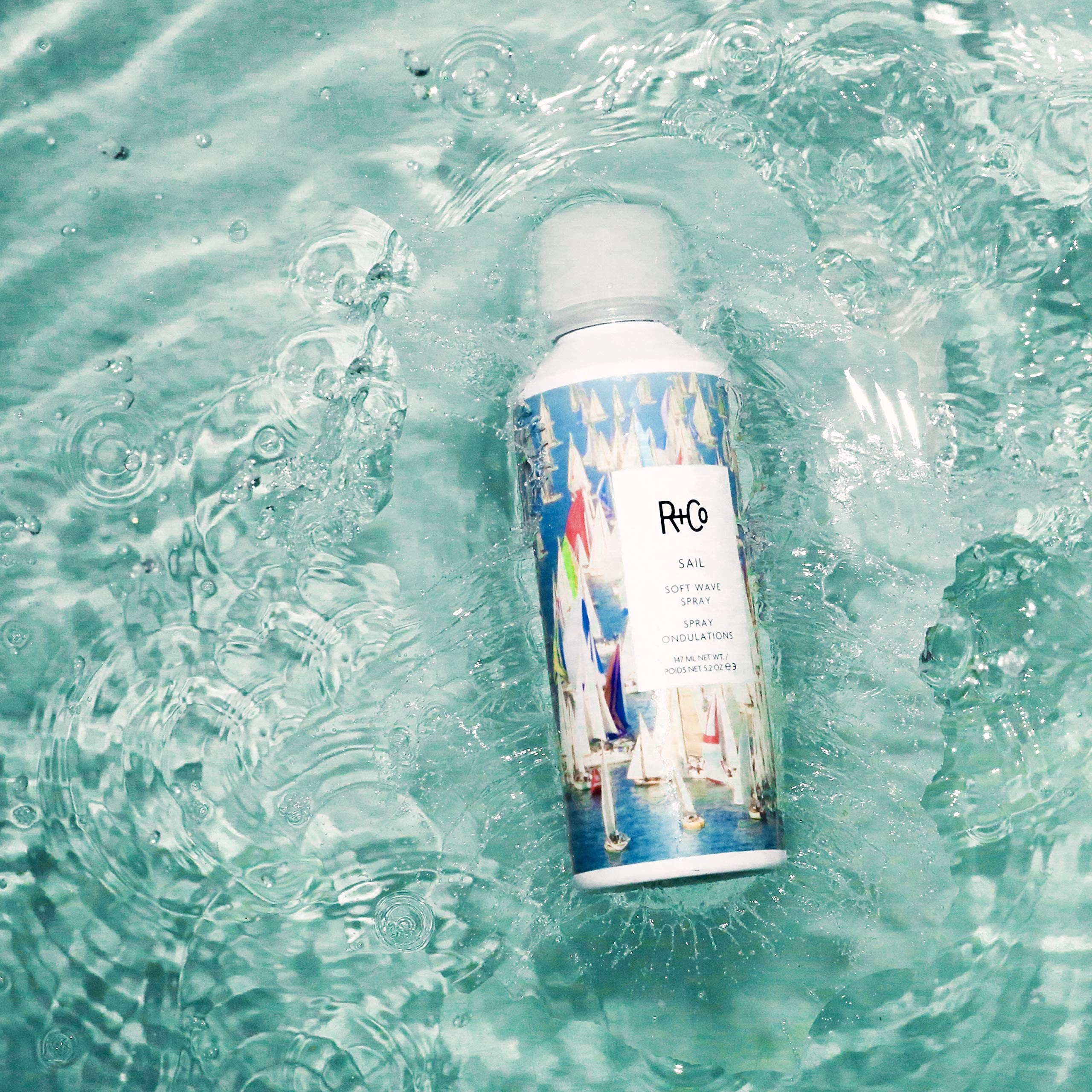 R+Co Sail Soft Wave Spray on hair providing lightweight texture