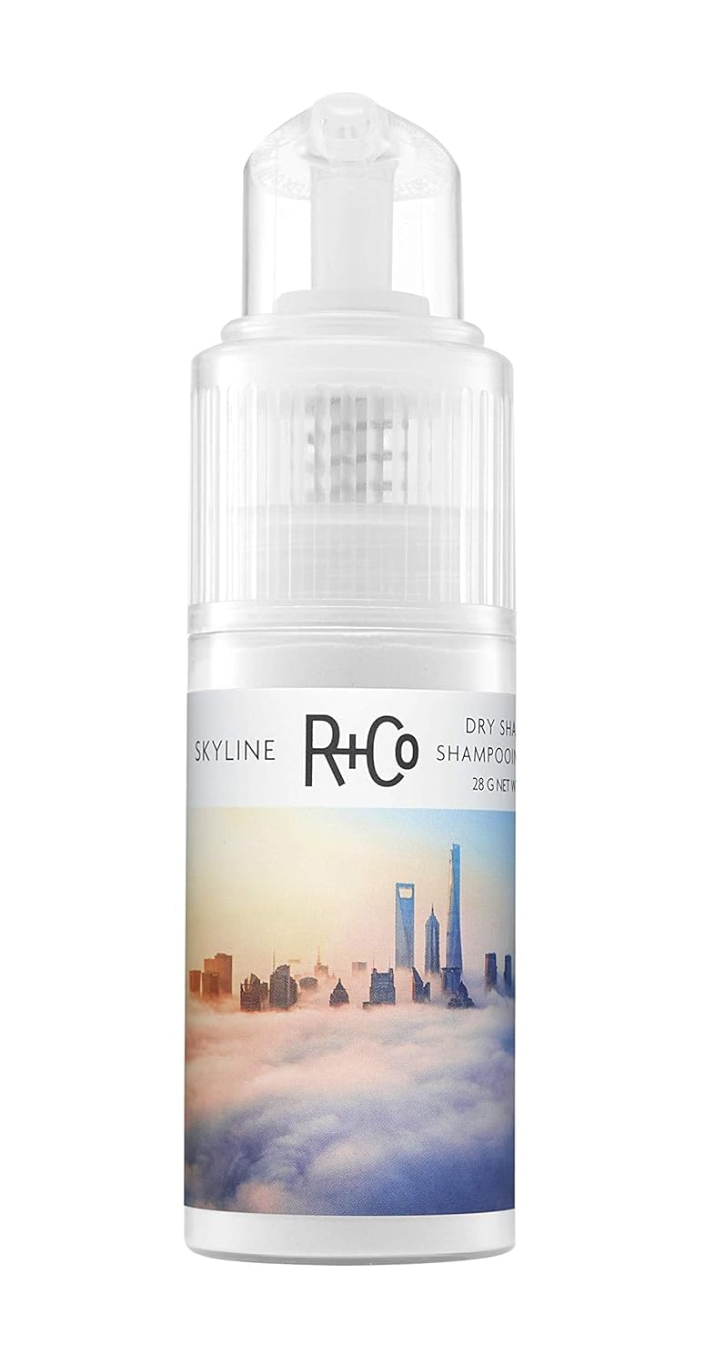 R+Co Skyline Dry Shampoo Powder applied at roots for oil absorption and lift.