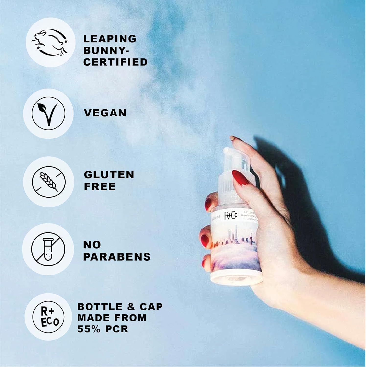R+Co Skyline Dry Shampoo Powder showing weightless formula for natural movement.