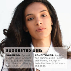 R+Co Television Perfect Conditioner travel bottle back label close-up notes vegan, gentle care