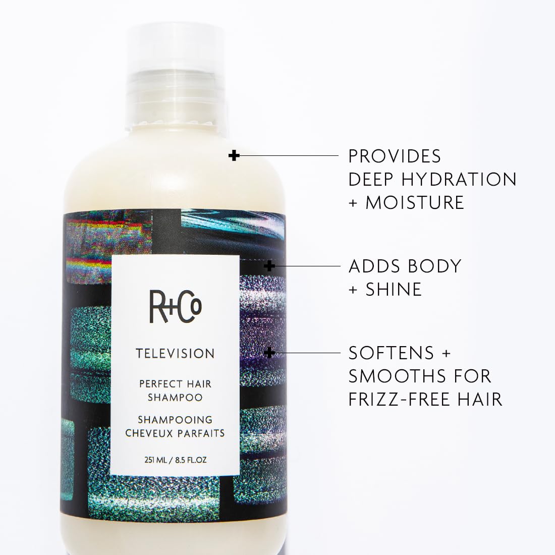 R+Co Television Perfect Hair Shampoo pour stream showcases smoothness and easy styling
