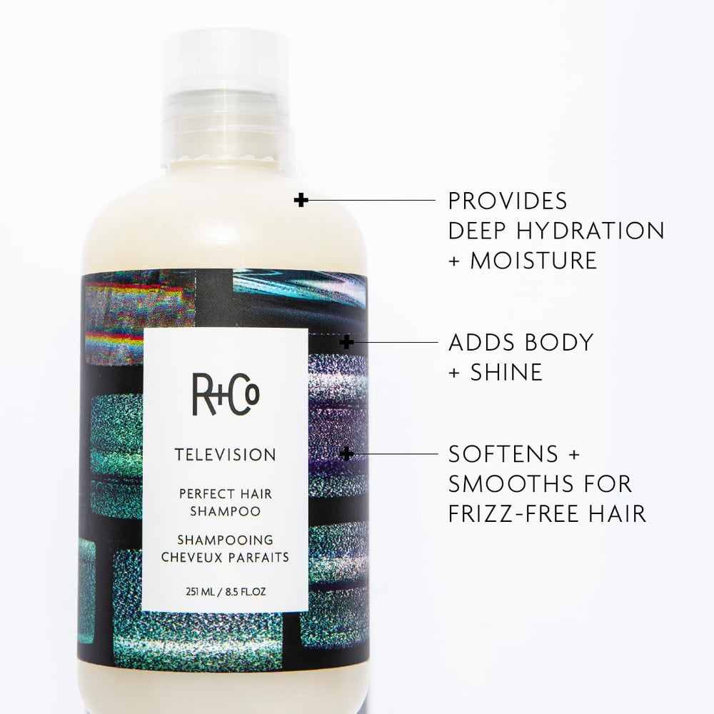 R+Co Television Perfect Hair Shampoo pour stream showcases smoothness and easy styling