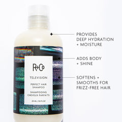 R+Co Television Perfect Hair Shampoo pour stream showcases smoothness and easy styling