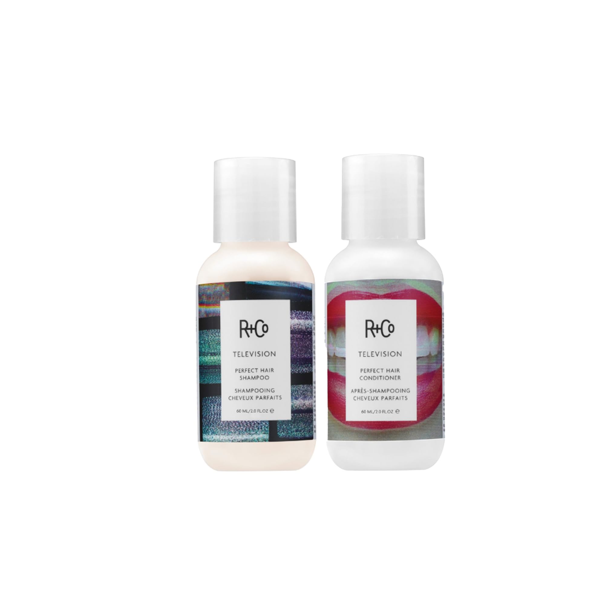 R+Co Television Perfect Shampoo travel bottle front view shows shine-boosting formula