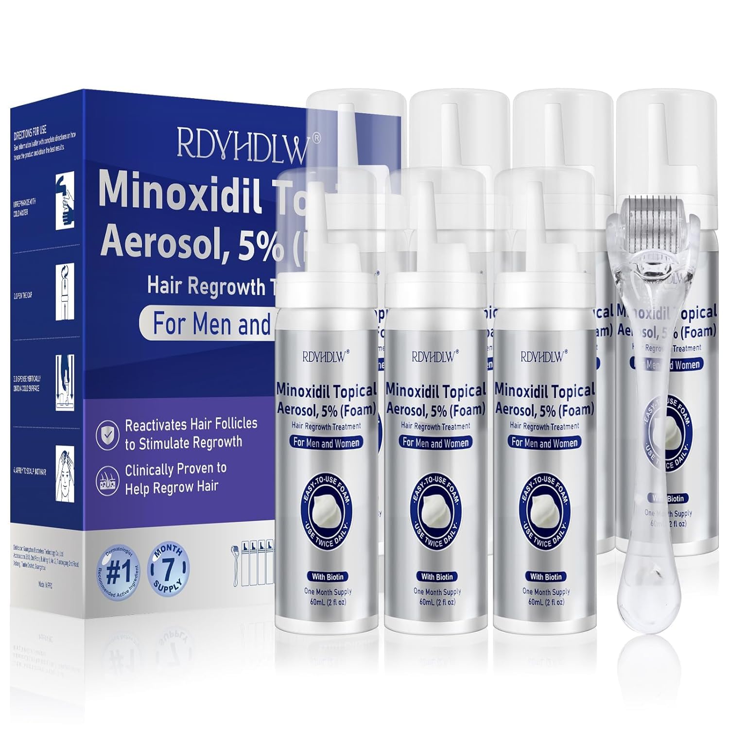 RDVHDLW minoxidil foam bottle top view showing ready-to-use treatment for scalp growth