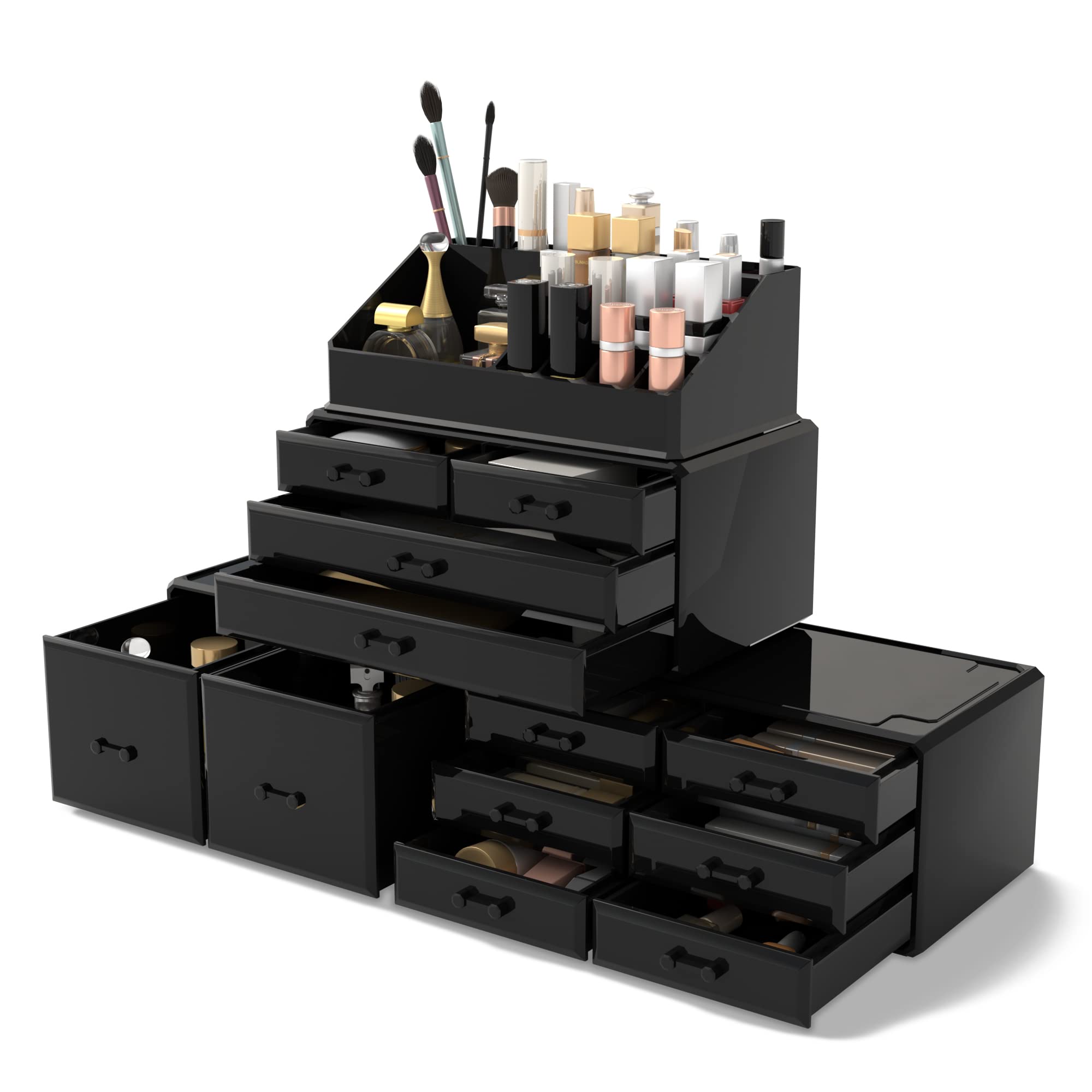 READAEER makeup organizer front view with 12-drawer layout keeps cosmetics neatly organized.