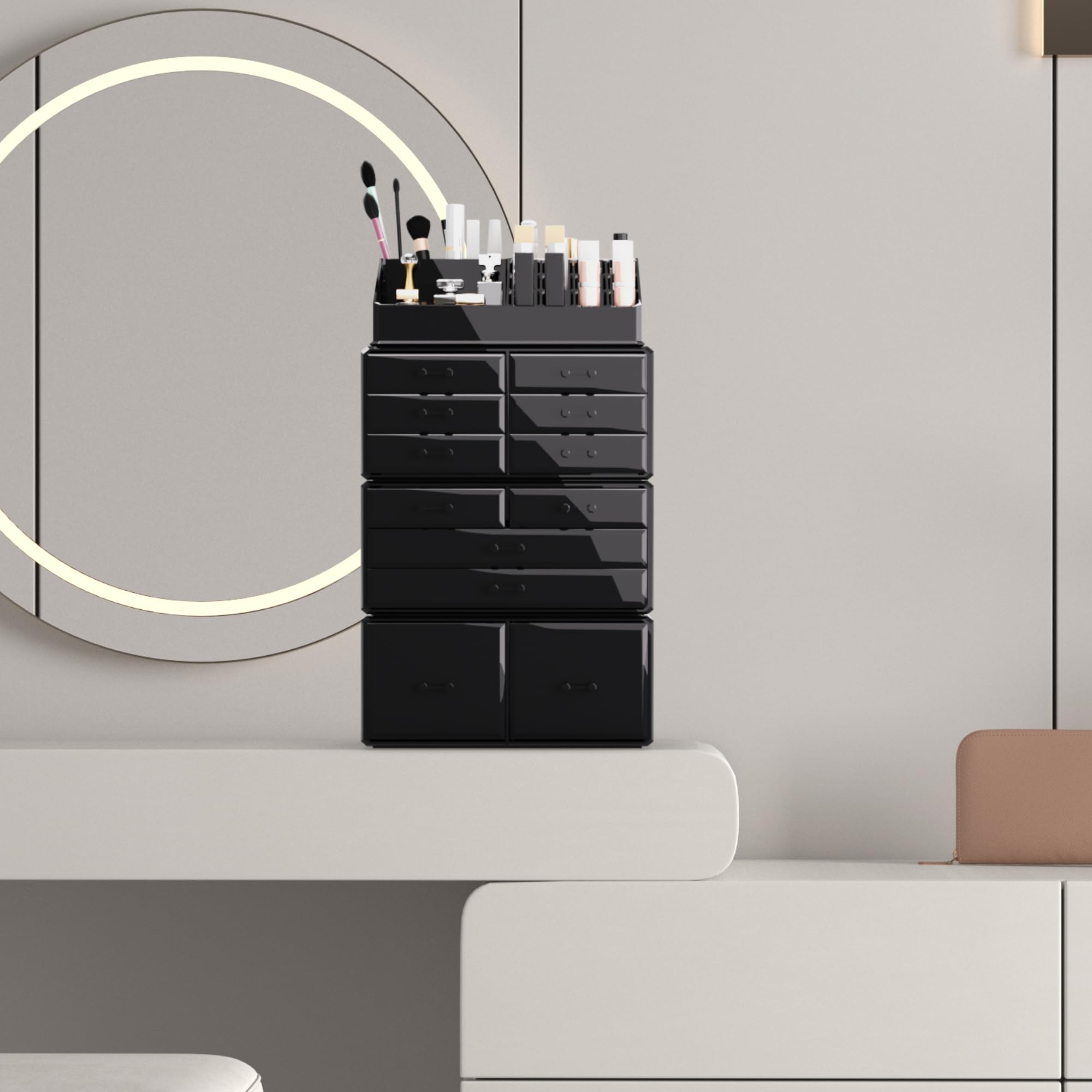 READAEER makeup organizer with drawers open showing easy access to lipsticks and brushes.