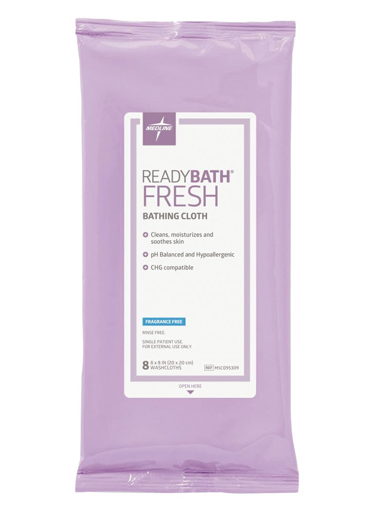 ReadyBath Fresh Cloths packaging shows disposable wipes for quick cleansing.