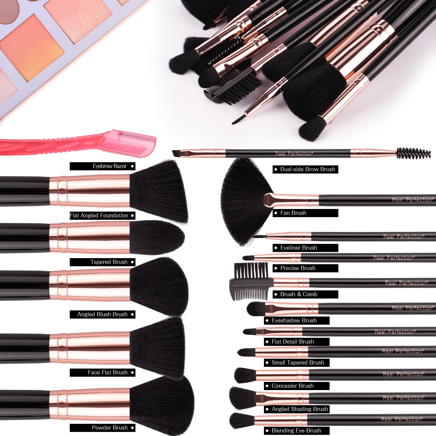 Real Perfection foundation brush shows soft synthetic bristles for smooth, streak-free skin.