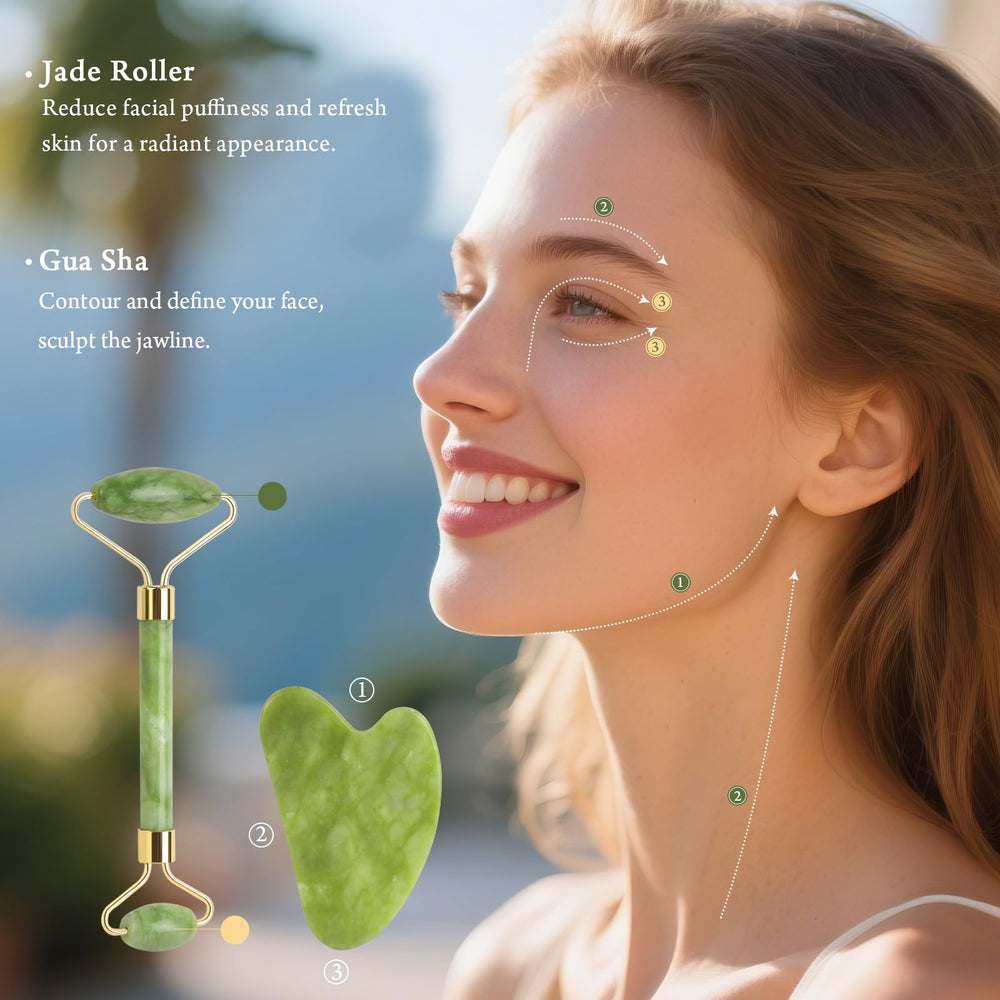 Real Perfection Gua Sha tool close-up emphasizing facial contouring and skin-tone improvement.