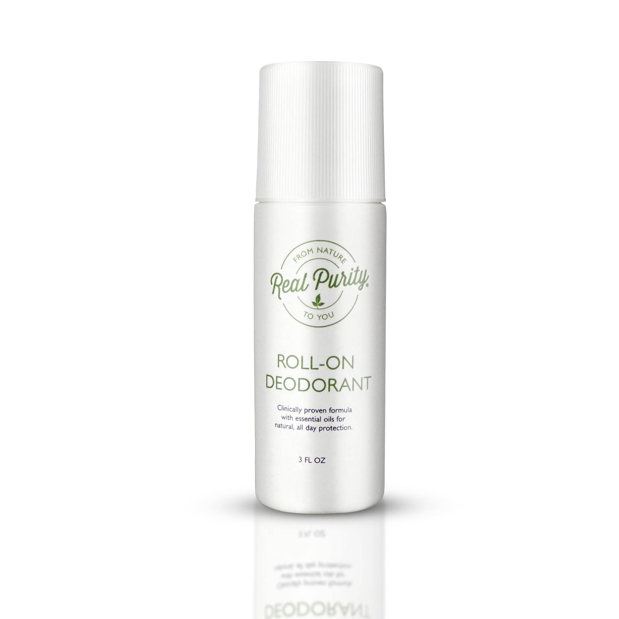 Real Purity Roll-On Deodorant bottle close-up showing quick-drying protection for sensitive skin.