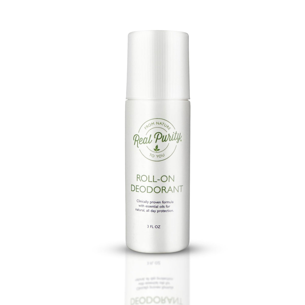 Real Purity Roll-On Deodorant bottle close-up showing quick-drying protection for sensitive skin.