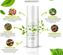Real Purity Roll-On ingredients spread highlighting organic aloe and essential oils for skin comfort.