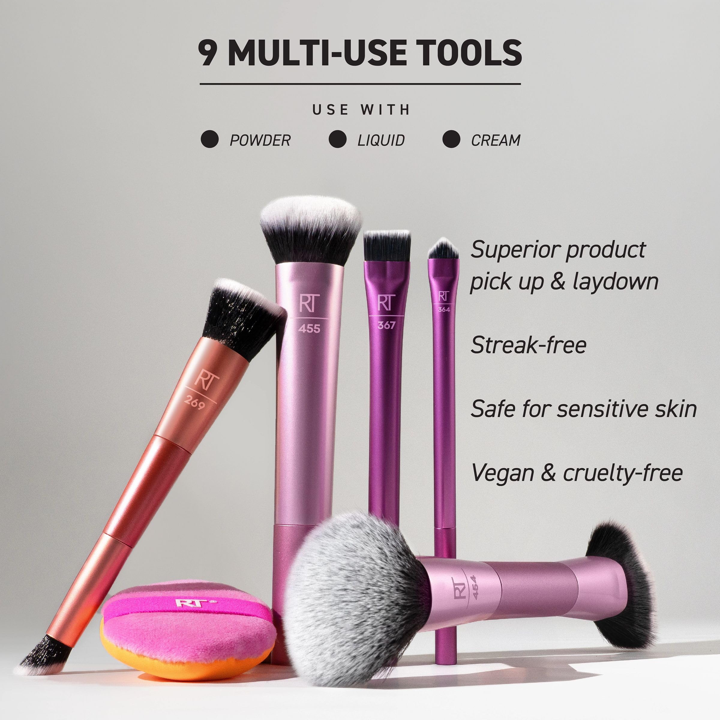 Real Techniques angled fan finishing brush for precise cheek blending and a natural glow.