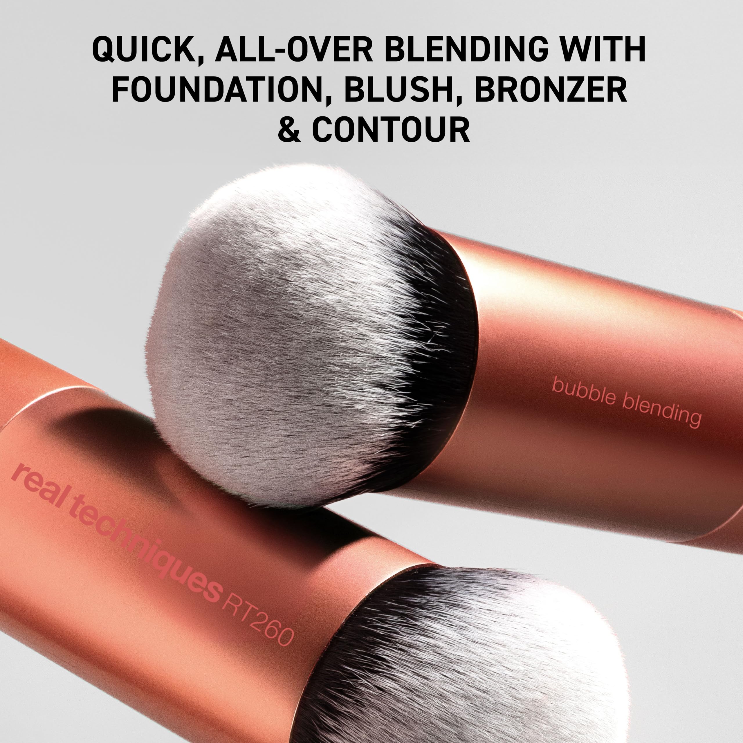 Real Techniques Bubble Blending Brush multipurpose tool for liquid, cream, and powder makeup.