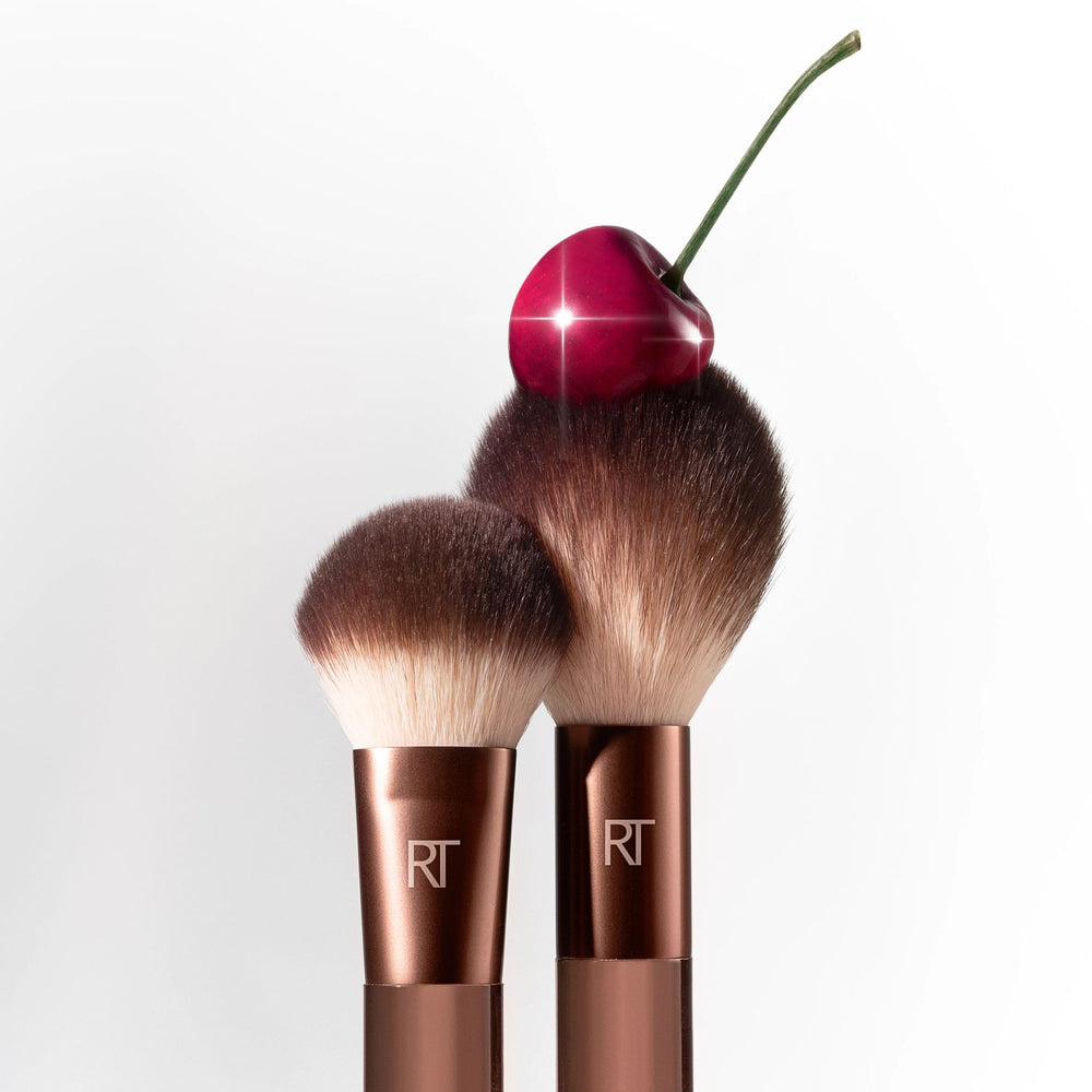 Real Techniques Cherry On Top brush application closeup shows precise pickup and smooth laydown.