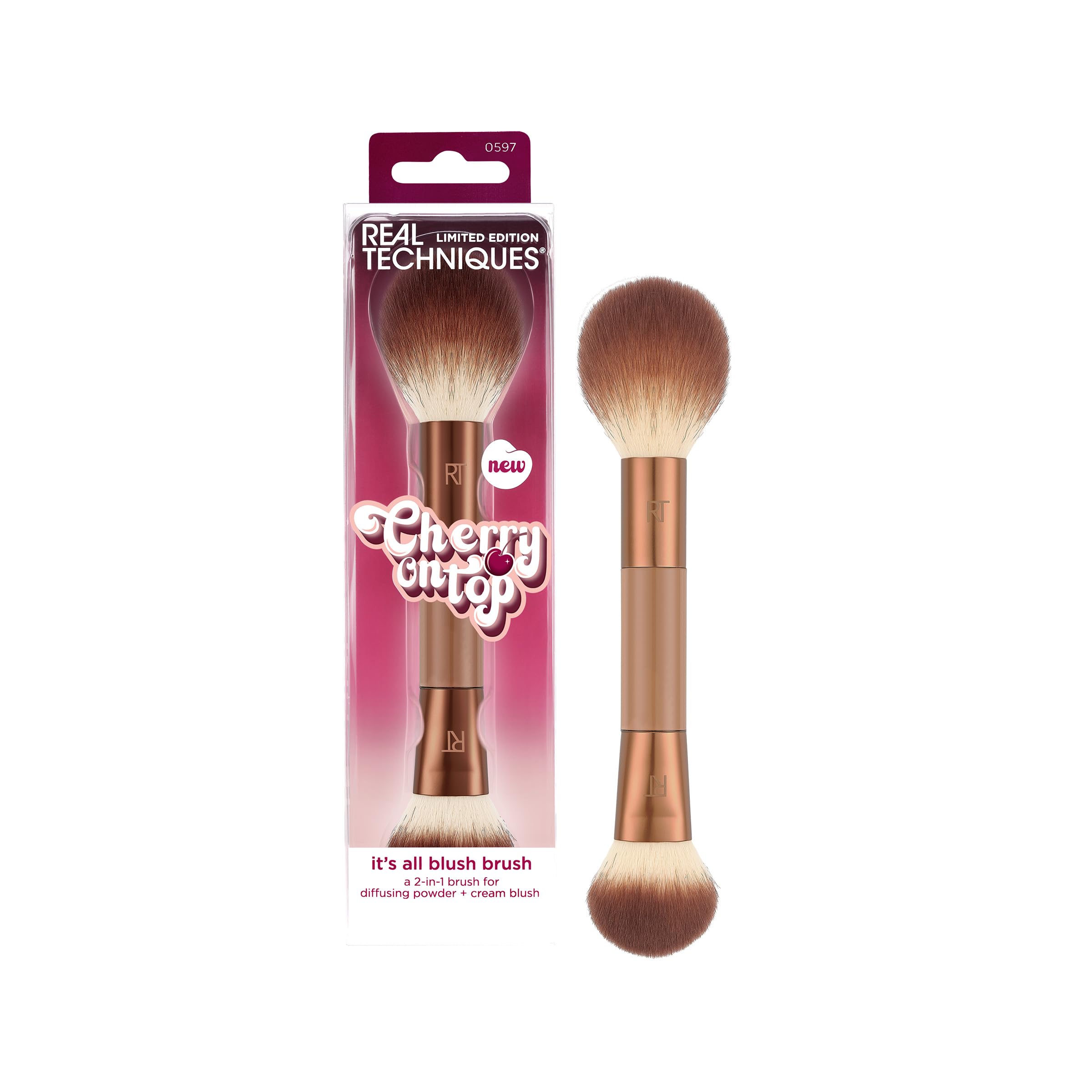 Real Techniques Cherry On Top It’s All Blush Brush 104 tapered cheek head for precise blush diffusion.