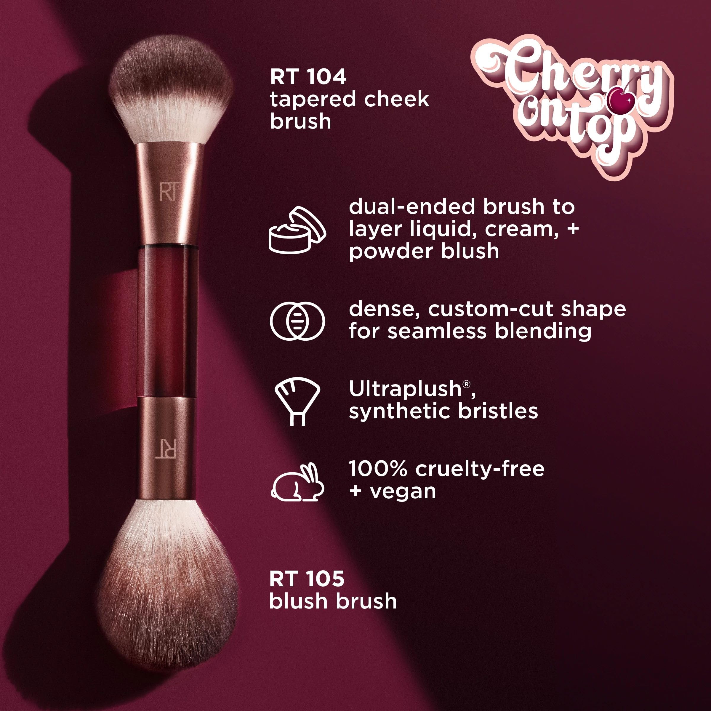 Real Techniques Cherry On Top It’s All Blush Brush 105 blush head blends powder blush smoothly.