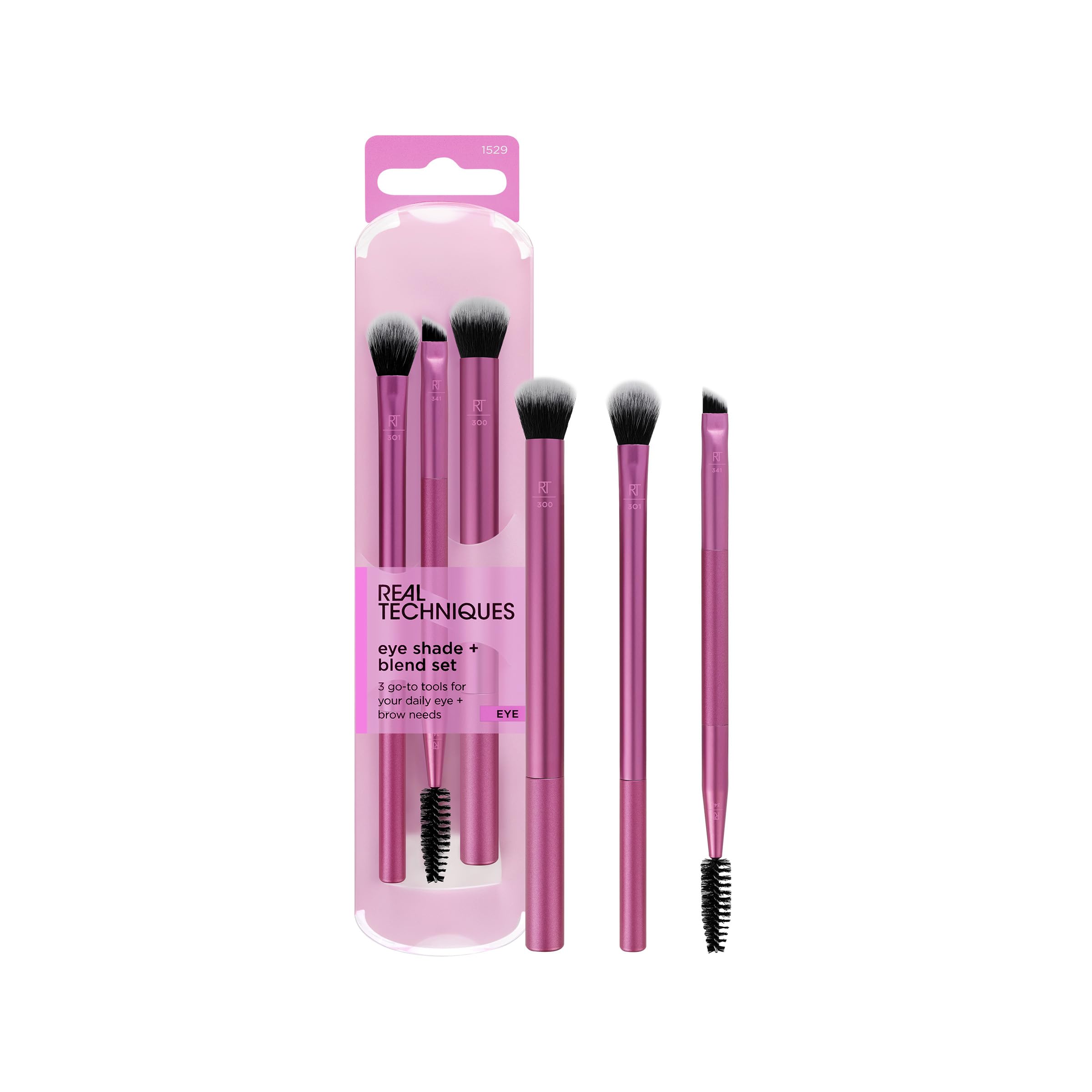 Real Techniques Eye Shade and Blend base shadow brush for precise lid color application.